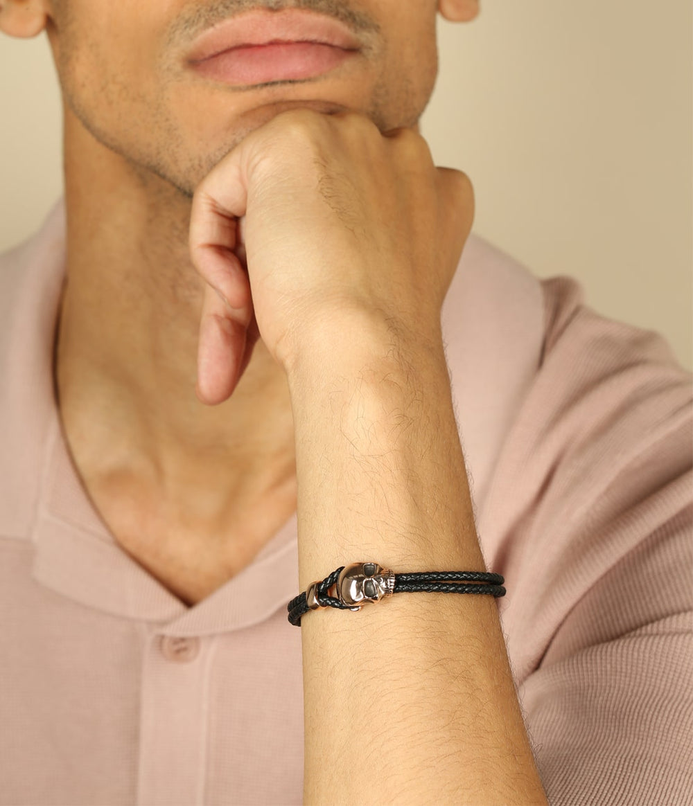 Skull Leather Noose Bracelet Black Leather