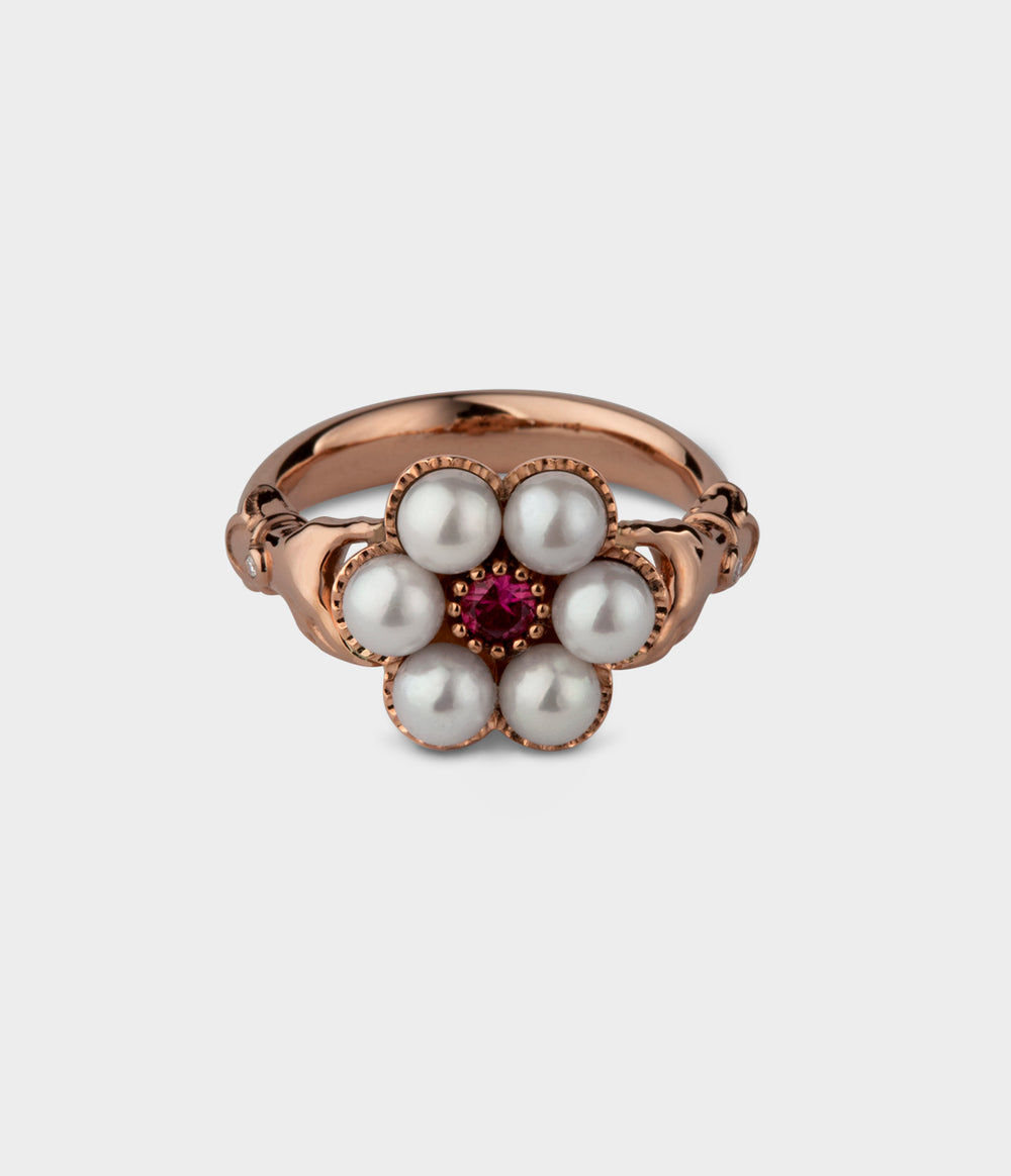Posey Pearl Ring in 9ct Rose Gold with Ruby, Size L1/2