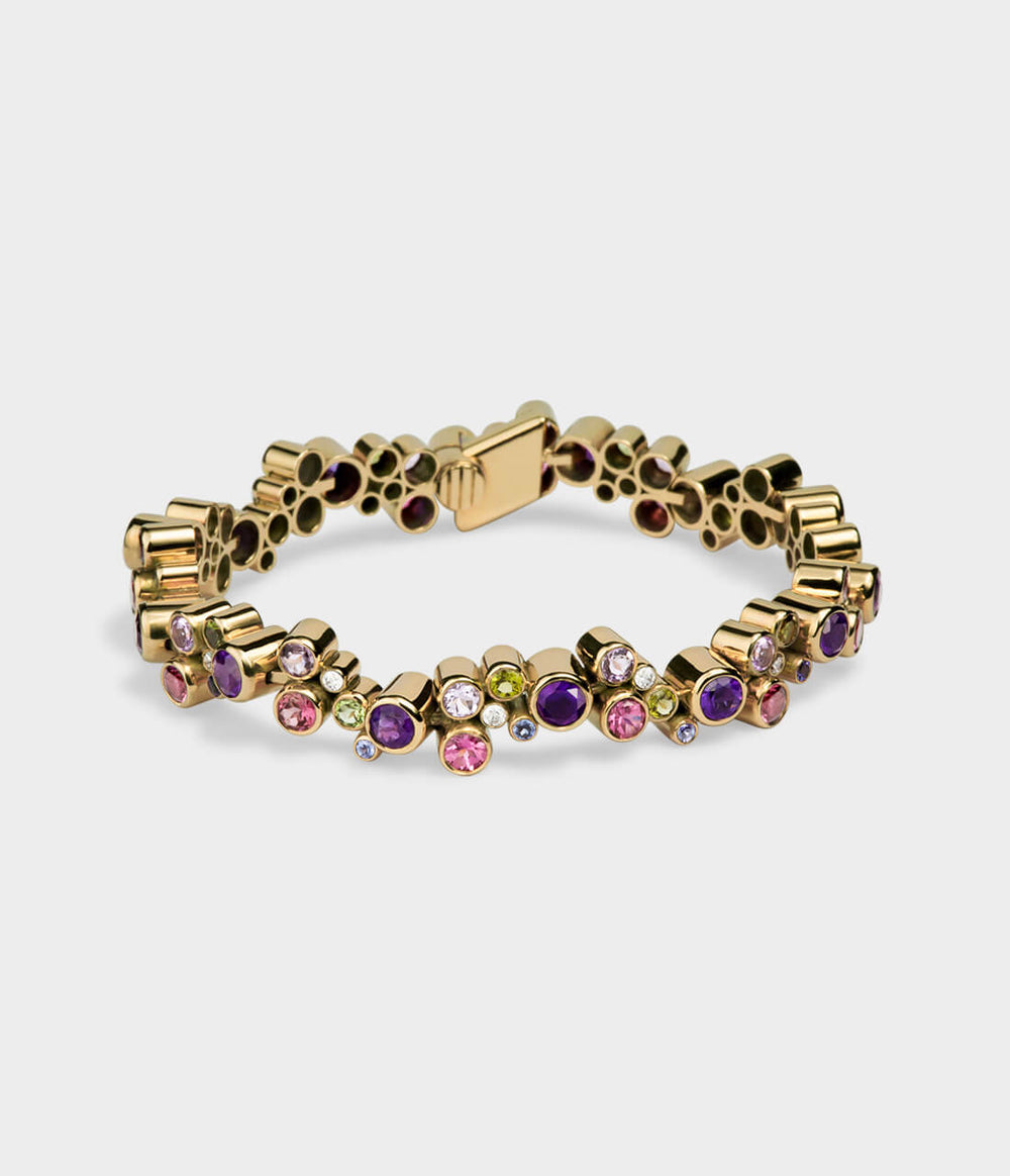 Roundhaus Diamond & Gemstone Bracelet / 9 Carat Yellow Gold / Diamonds, Emeralds, Pink & Green Tourmalines, Tanzanites & Amethysts