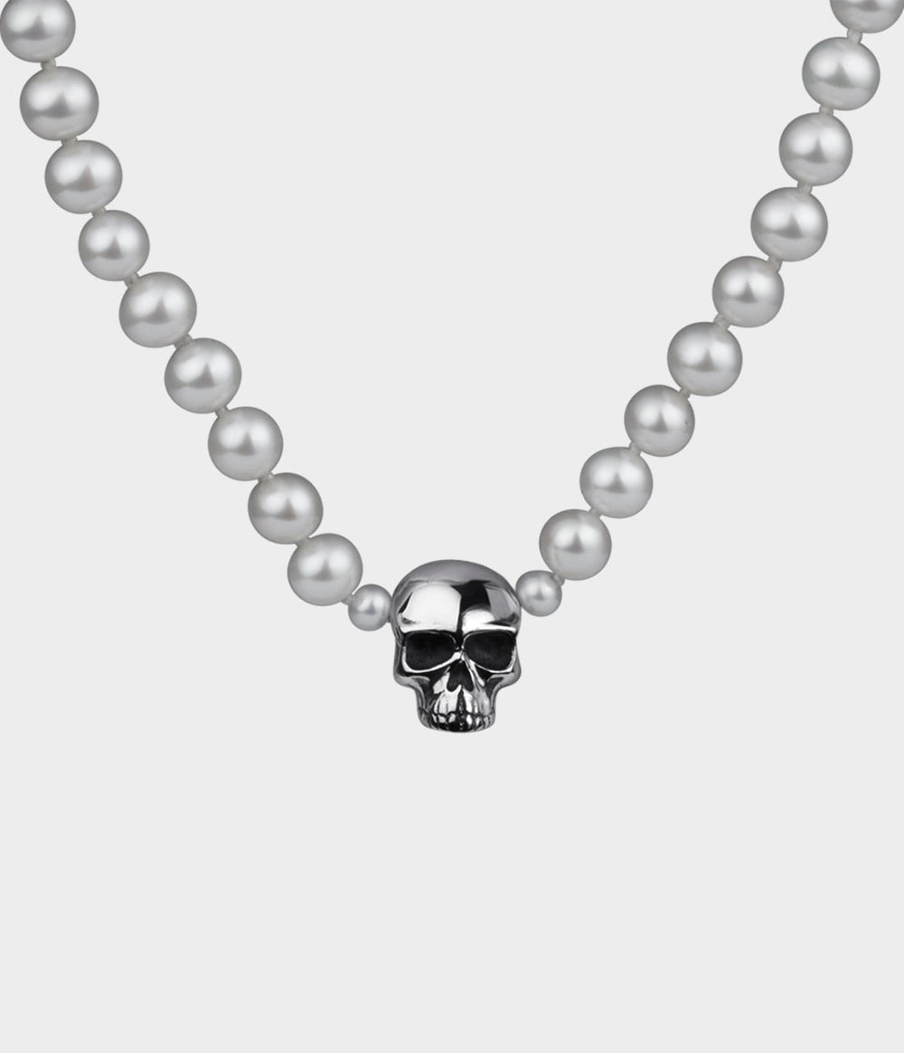Skull & Pearl Necktie / Sterling Silver / Round Grey Pearls