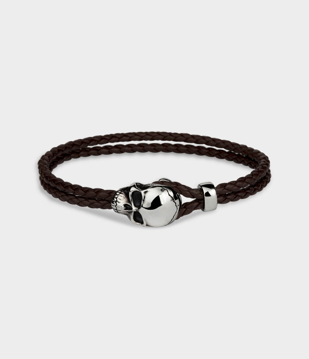 Skull Leather Noose Bracelet Brown Leather