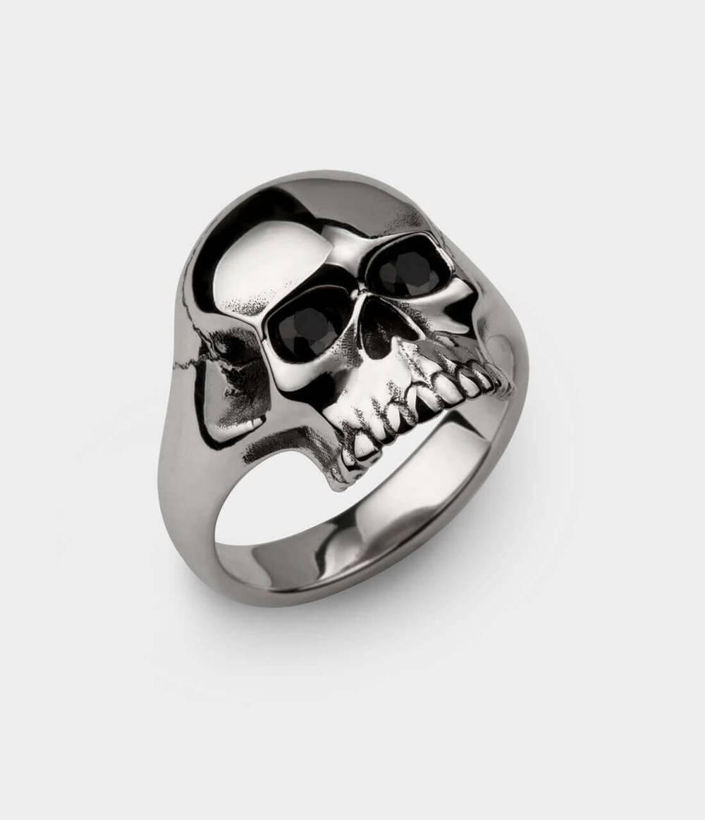 Skull Ring in Silver with Black Sapphires, Size W in Sterling Silver