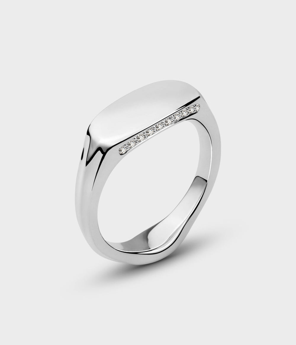 Slim Signet Ring in Silver and Diamonds, Size R / Custom Option - Main View
