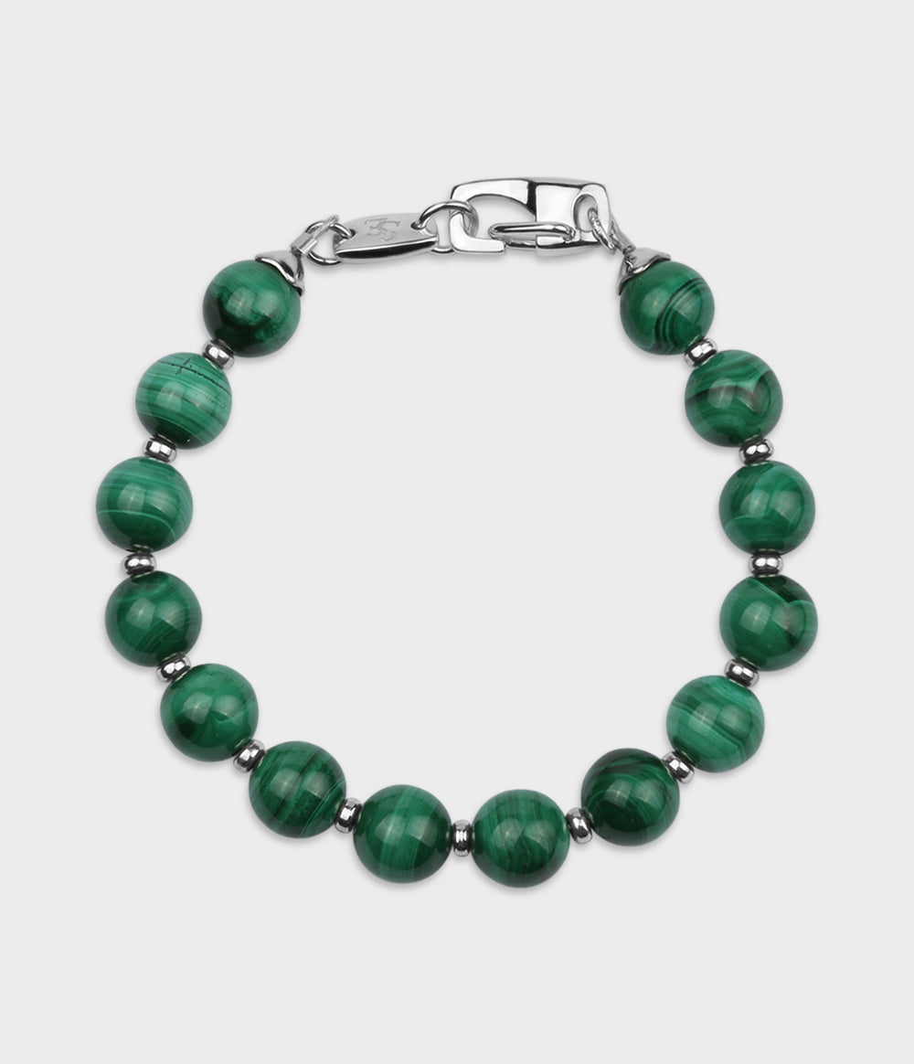 Silver and round malachite stone Trust bracelet.