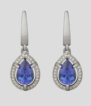 Video of our Tsarina Diamond Halo Earrings with Pear shaped Tanzanite central stones with a halo of diamonds