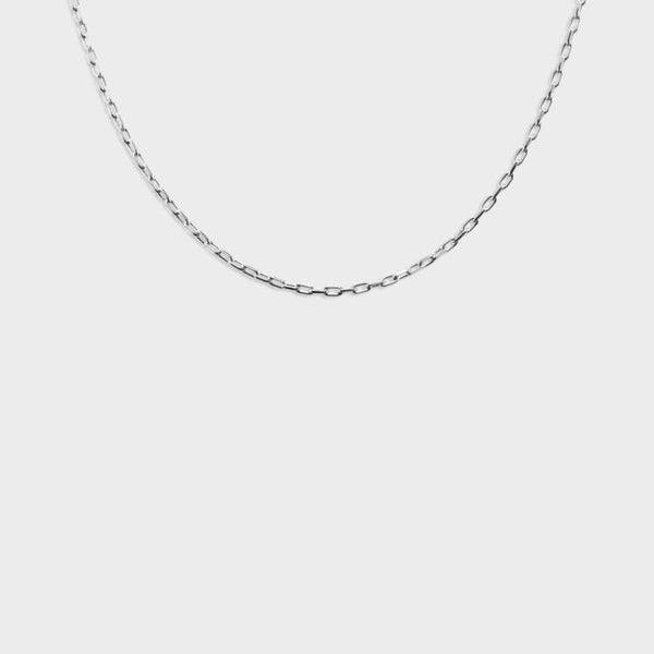 close up of a silver charm necklace.