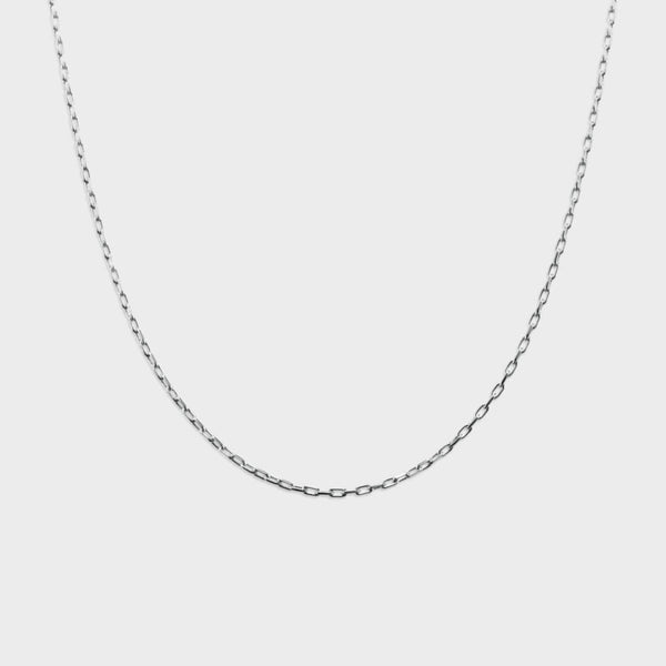a silver charm chain showing details of links.