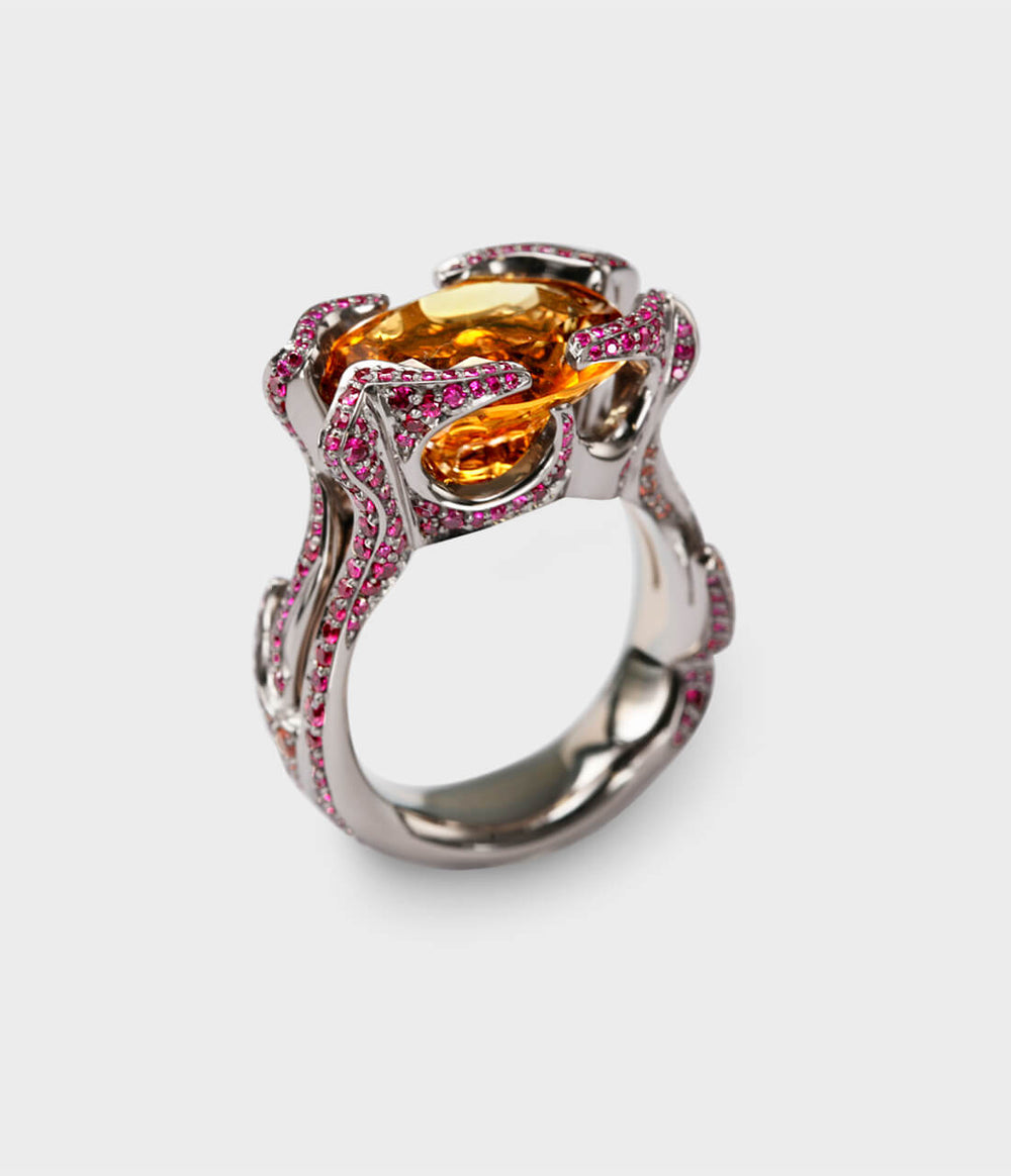 3/4 view of a stephen einhorn Flame Ring in white gold