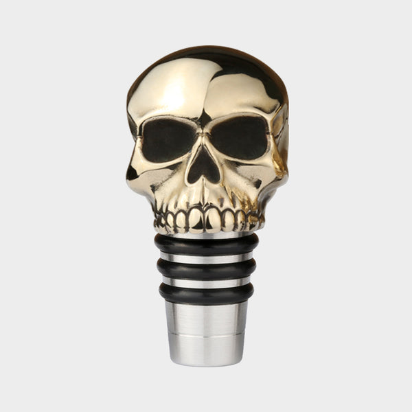 Gothic Skull Bottle Stopper in Polished Brass and Food Grade Stainless Steel Stopper for Medium Bottles - Front View