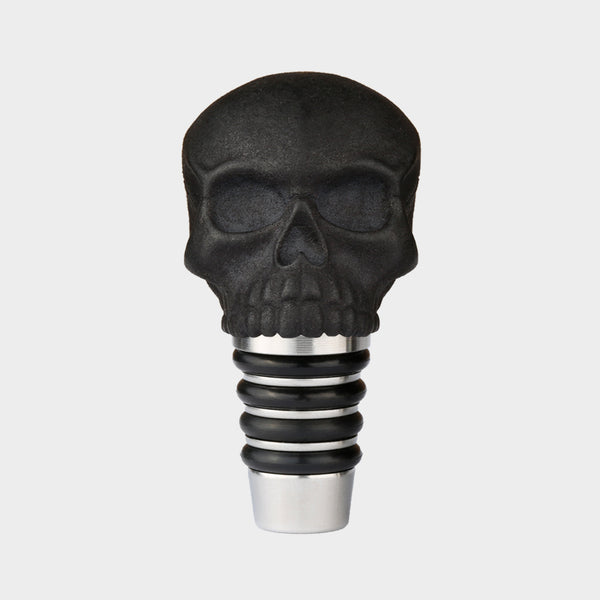 Gothic Skull Bottle Stopper in Black Castor Seed Polymer and Food Grade Stainless Steel Stopper for Small Bottles - Front View