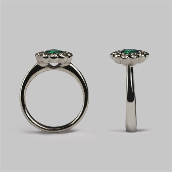 Daisy Cluster Ring in Platinum with Diamond & Emerald, Size M