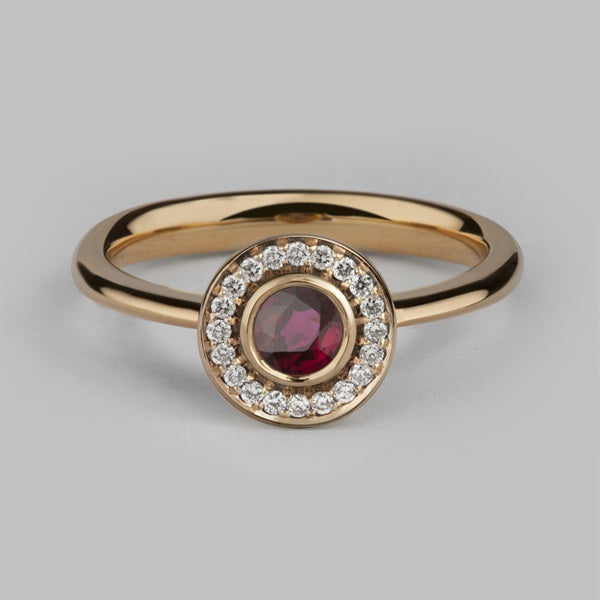 Halo 4 Round Cluster in 14ct Rose Gold with Ruby & Diamond, Size L