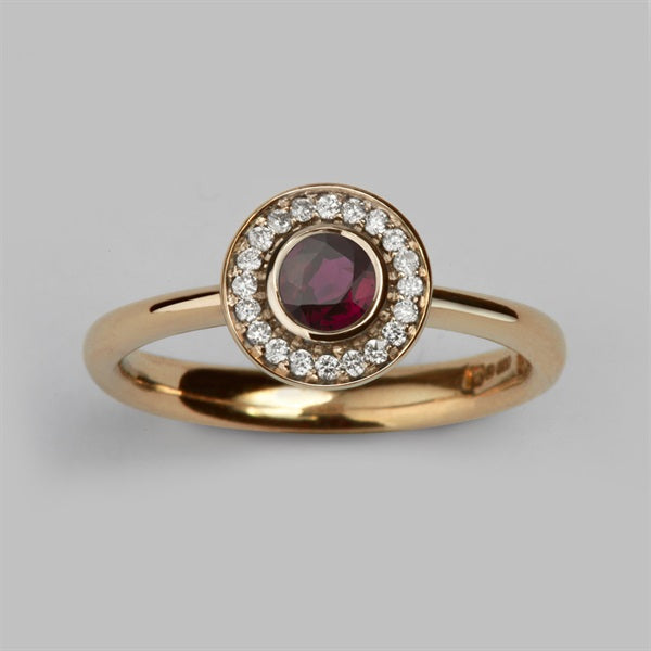 Halo 4 Round Cluster in 14ct Rose Gold with Ruby & Diamond, Size L