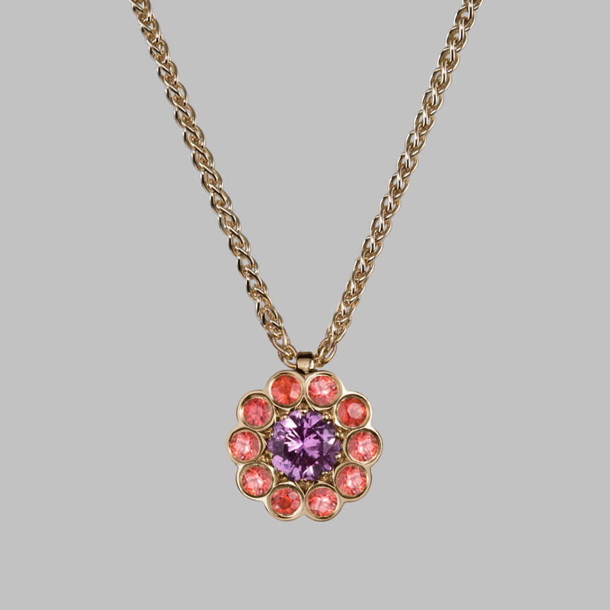 Daisy Cluster Necklace in 18ct Yellow Gold with Pink and Orange Sapphires