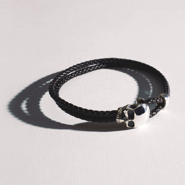 Skull Leather Bracelet in Sterling Silver