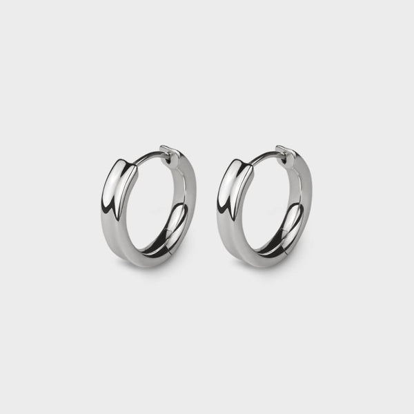 two silver Liquid Hoop Earrings side on.