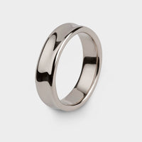close up profile of a white gold liquid slim ring.