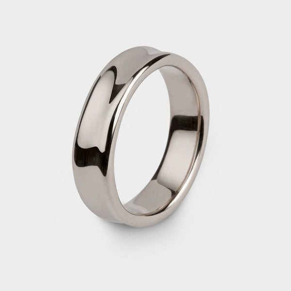close up profile of a white gold liquid slim ring.