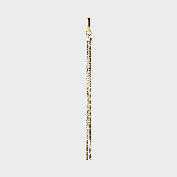 a gold hoop with a long shimmer hanging part.
