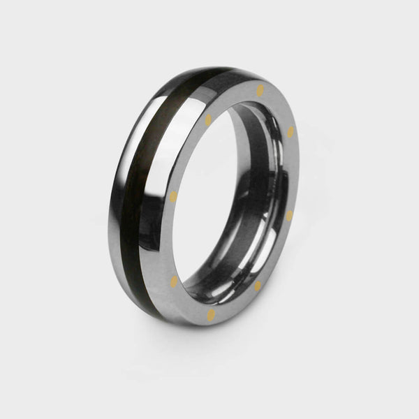 3/4 view of geo ellipse slim ring with thames wood