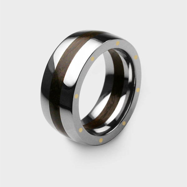 3/4 view of a London Oak geo ring made with gold rivets