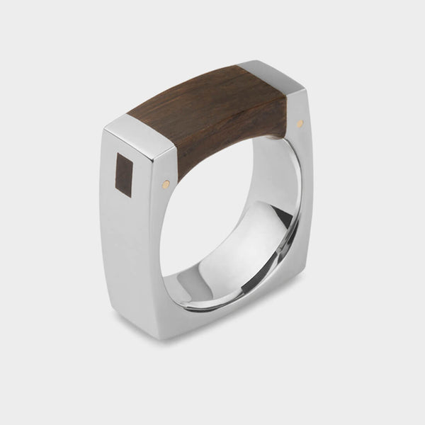 close up of a silver London Oak Mortice Ring