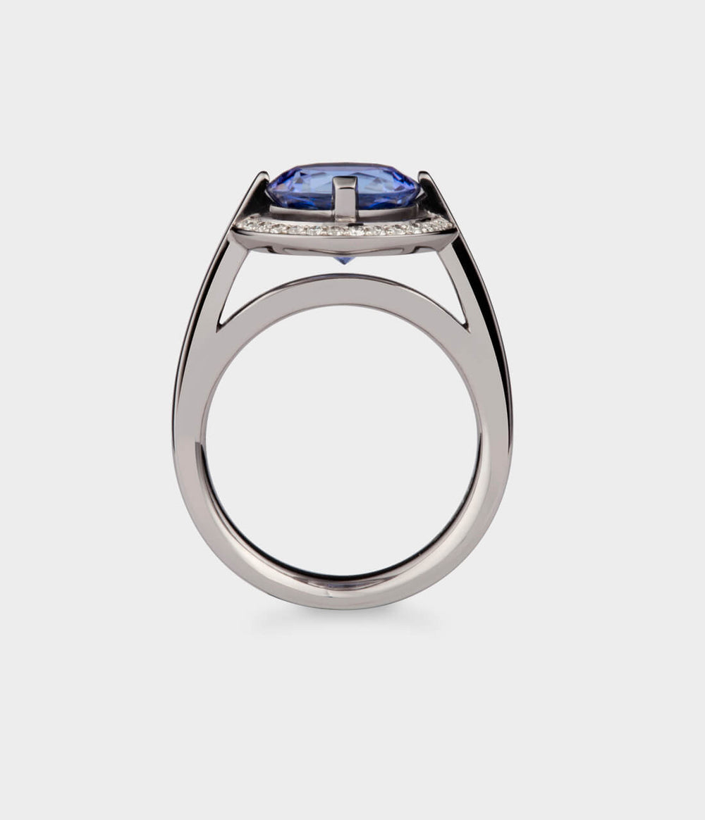 side view of a platinum and blue sapphire Tsarina Diamond Halo Ring