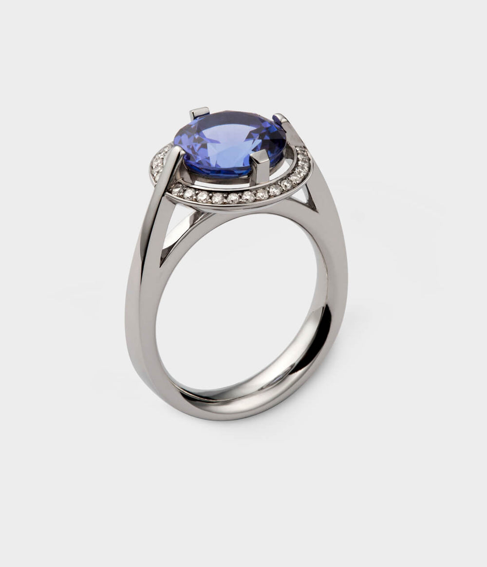 3/4 view of platinum Tsarina Diamond Halo Ring