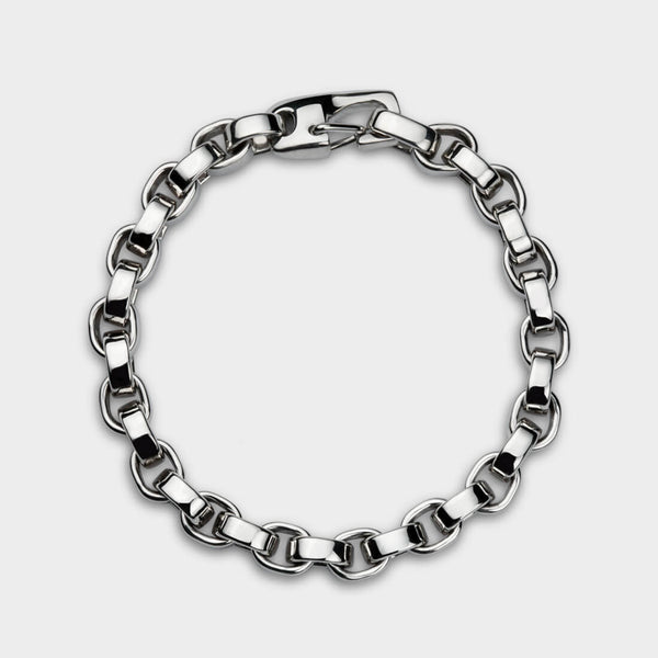 above profile of a silver heavy link bracelet.